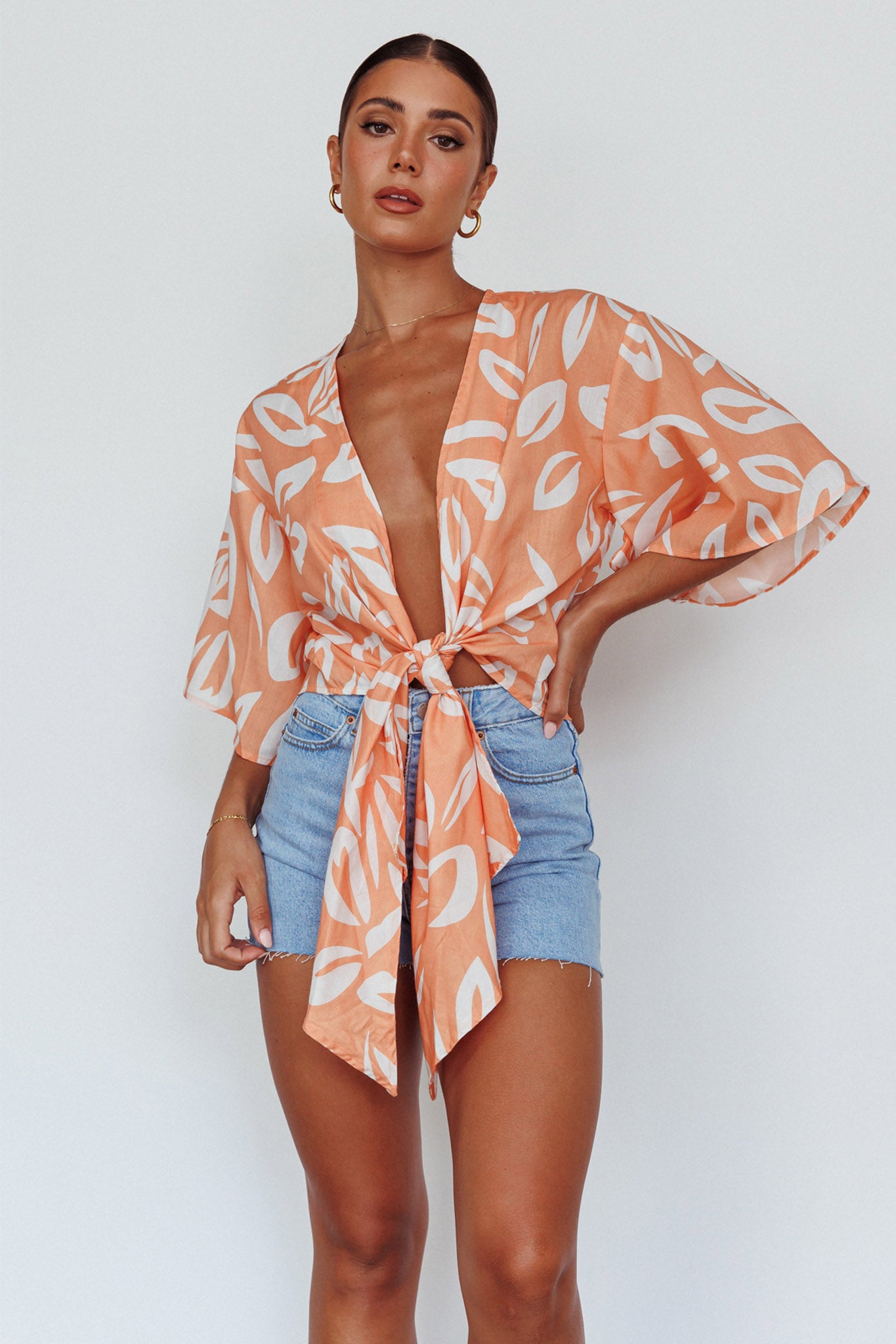 Rivera Deep-V Waist-Tie Top Leaves Mango by Selfie Leslie