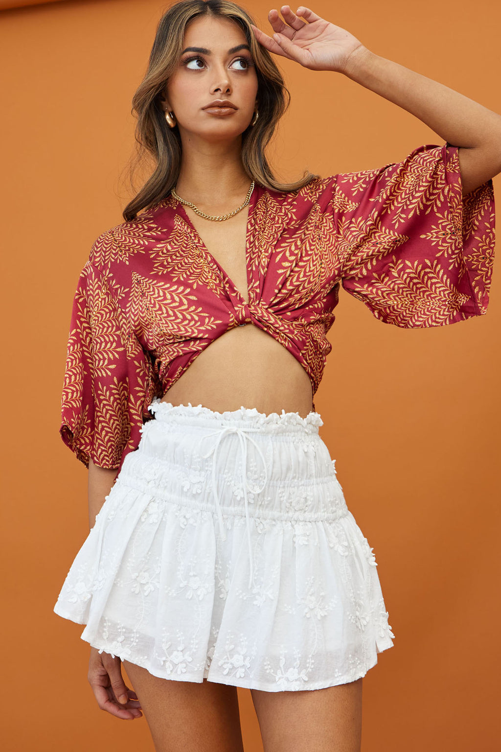 Rivera Deep-V Waist-Tie Top Leaf Print Wine by Selfie Leslie