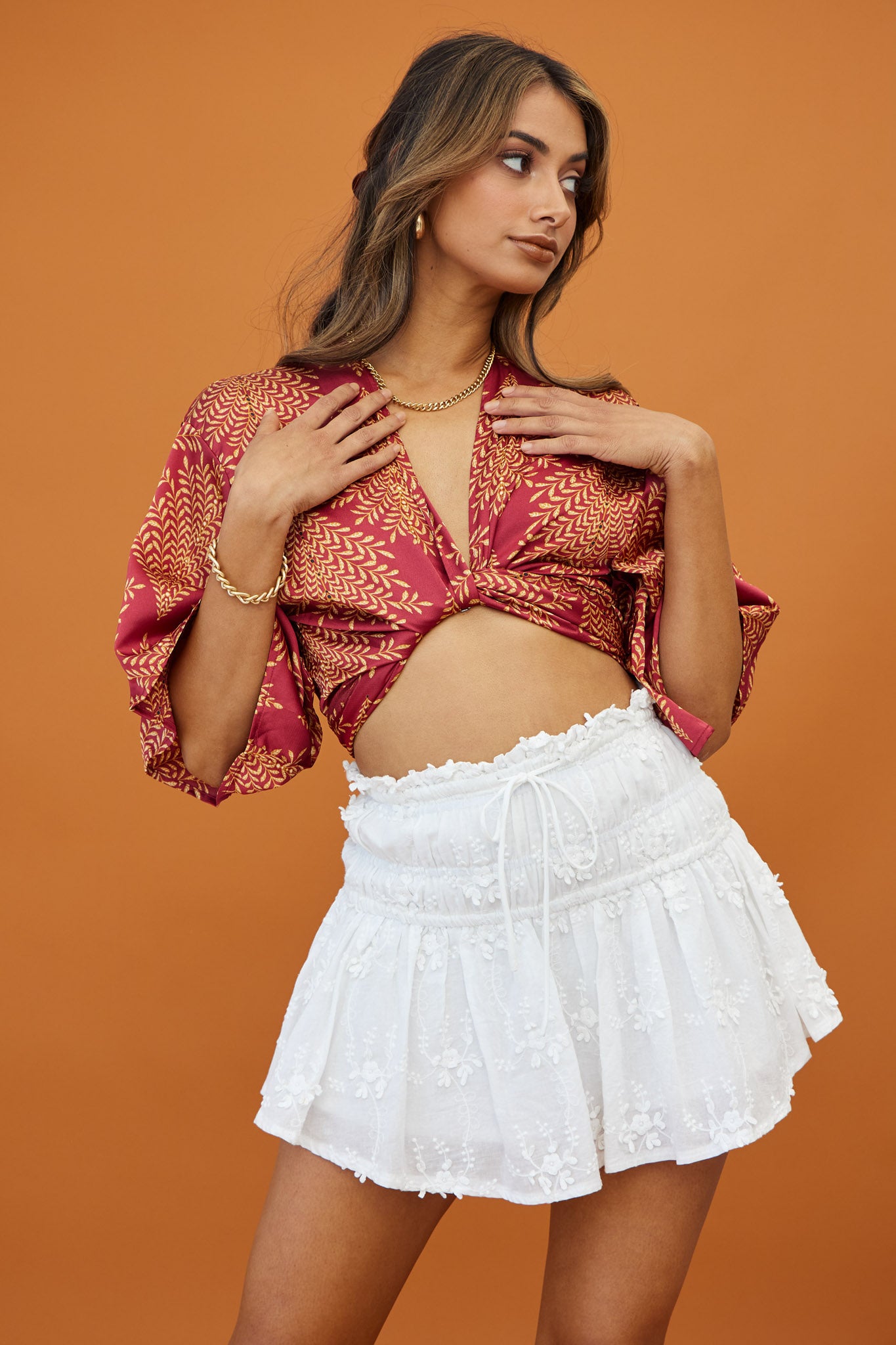 Rivera Deep-V Waist-Tie Top Leaf Print Wine by Selfie Leslie
