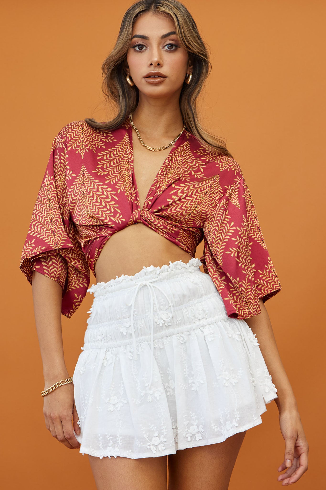 Rivera Deep-V Waist-Tie Top Leaf Print Wine by Selfie Leslie