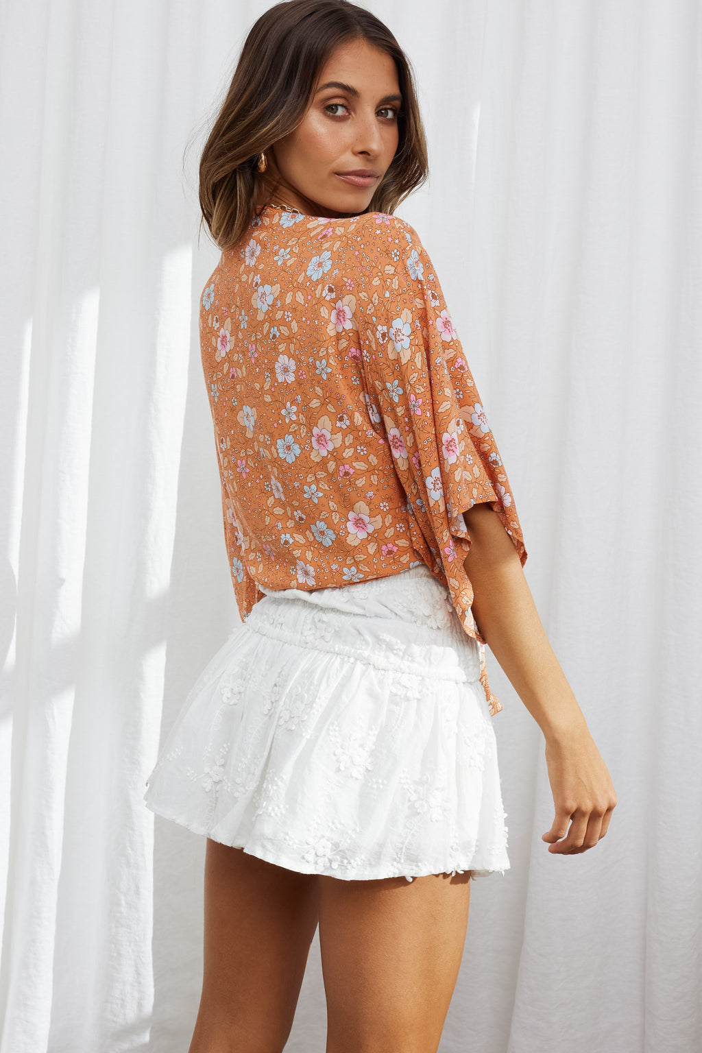 Rivera Deep-V Tie Front Crop Top Floral Print Orange/Pink by Selfie Leslie
