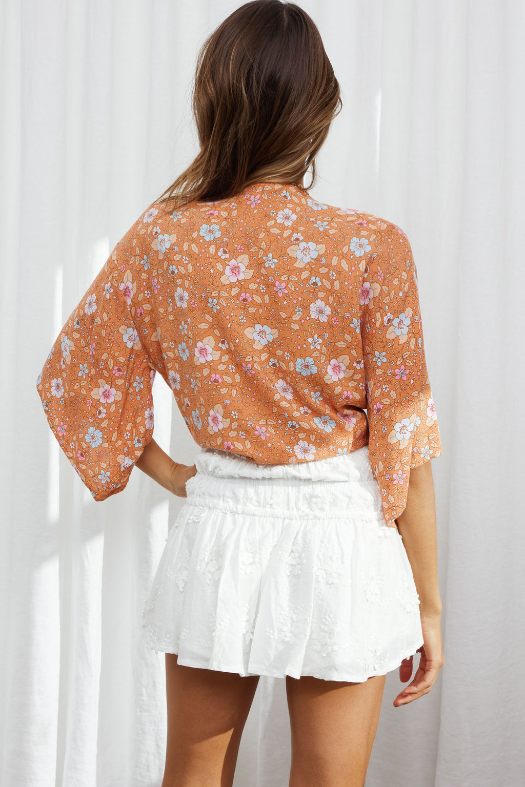 Rivera Deep-V Tie Front Crop Top Floral Print Orange/Pink by Selfie Leslie