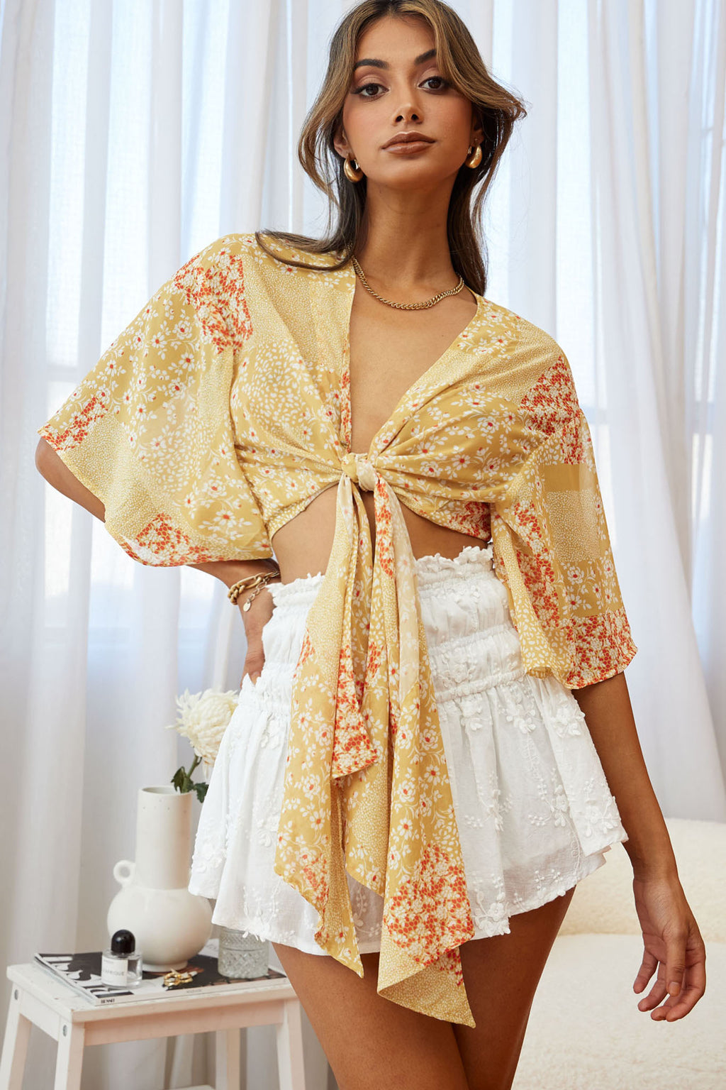 Rivera Deep-V Tie Front Crop Top Floral Square Print Yellow by Selfie Leslie