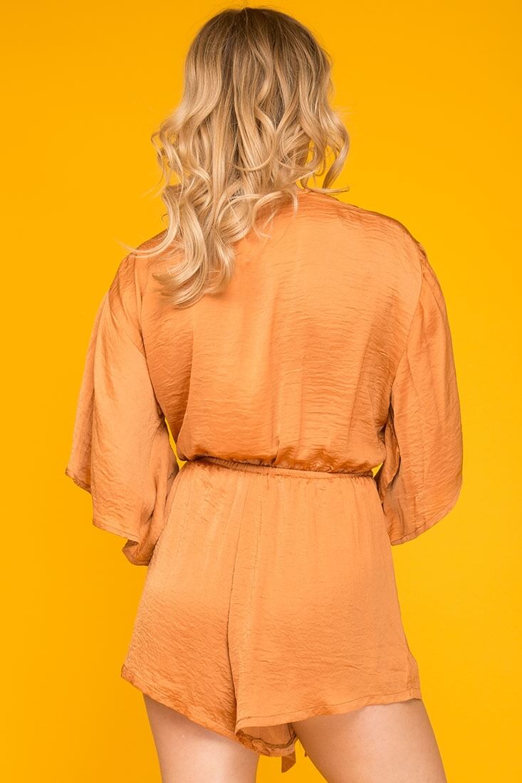 Serenity Wrap Around Bell Sleeve Romper Tan by Selfie Leslie