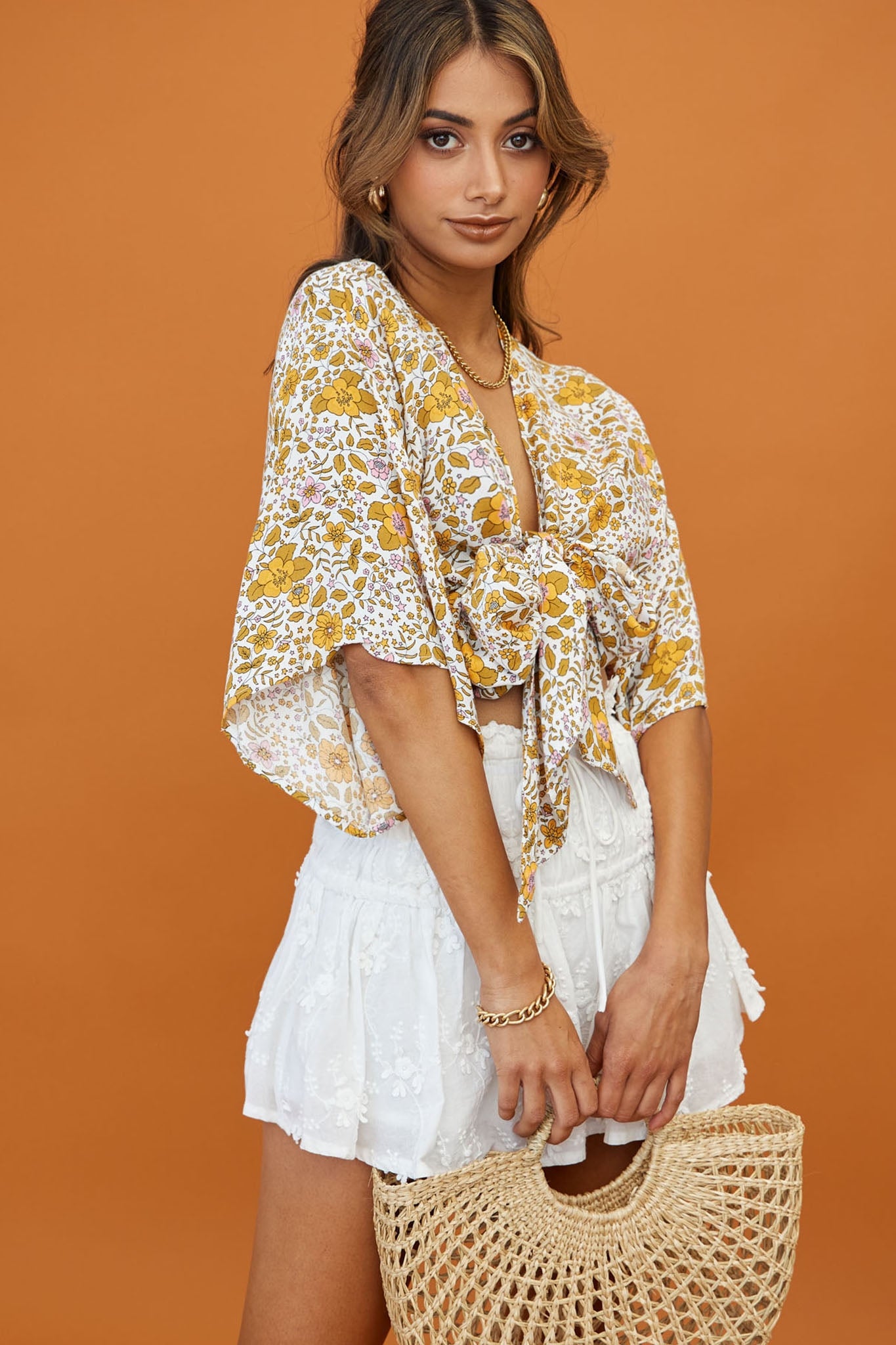 Rivera Deep-V Tie Front Crop Top Floral Print White/Yellow by Selfie Leslie