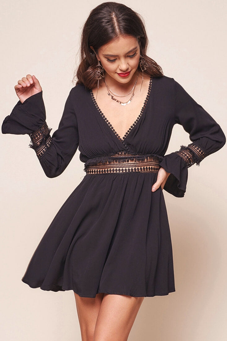 Octavia Deep V Peek-a-Boo Bohemian Fit and Flare Dress Black by Selfie Leslie