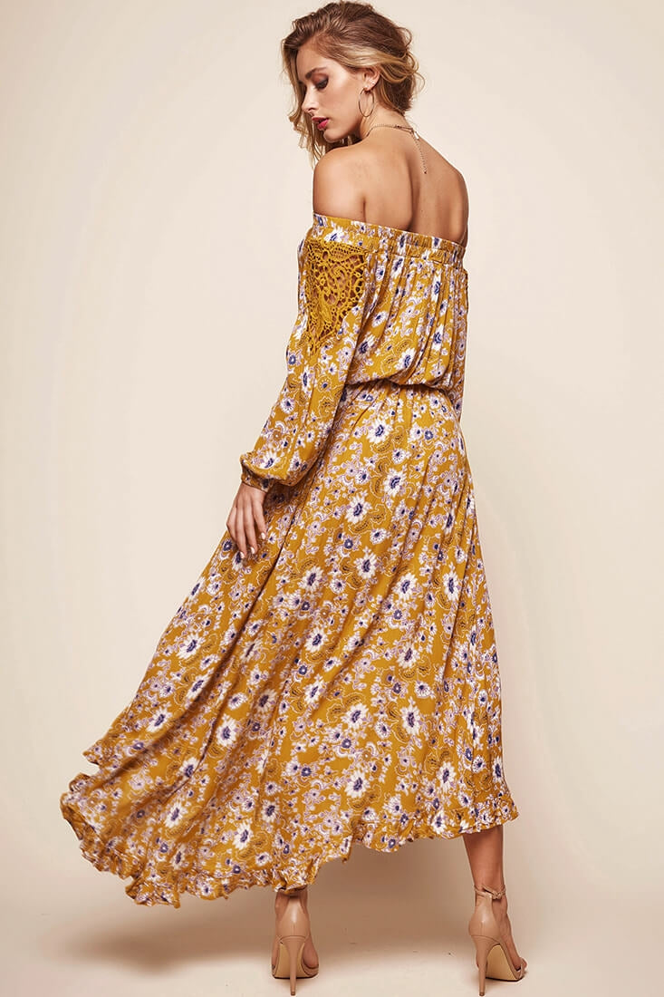 Mojave Off-Shoulder Floral Maxi Dress Mustard by Selfie Leslie