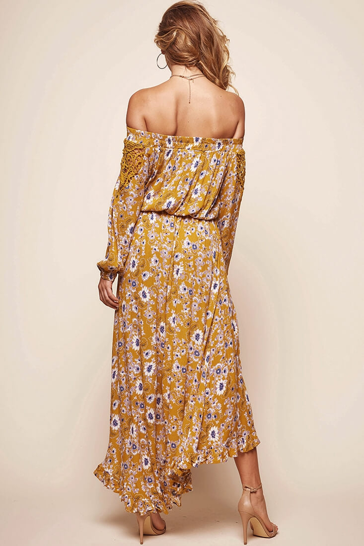 Mojave Off-Shoulder Floral Maxi Dress Mustard by Selfie Leslie