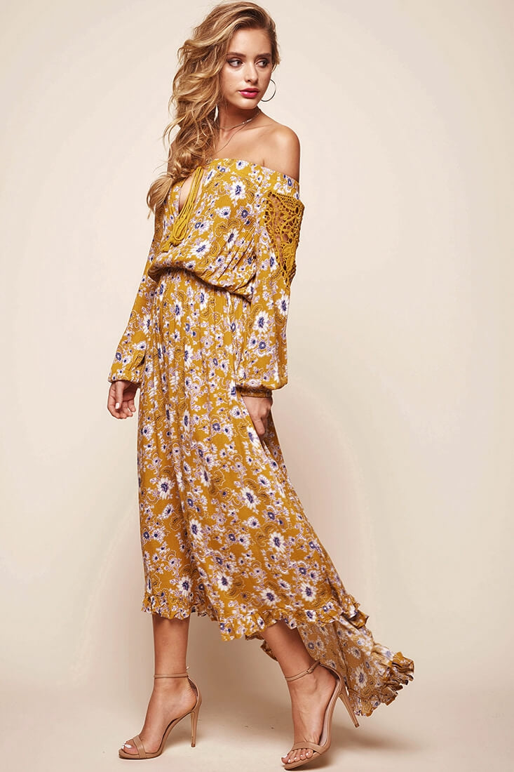 Mojave Off-Shoulder Floral Maxi Dress Mustard by Selfie Leslie