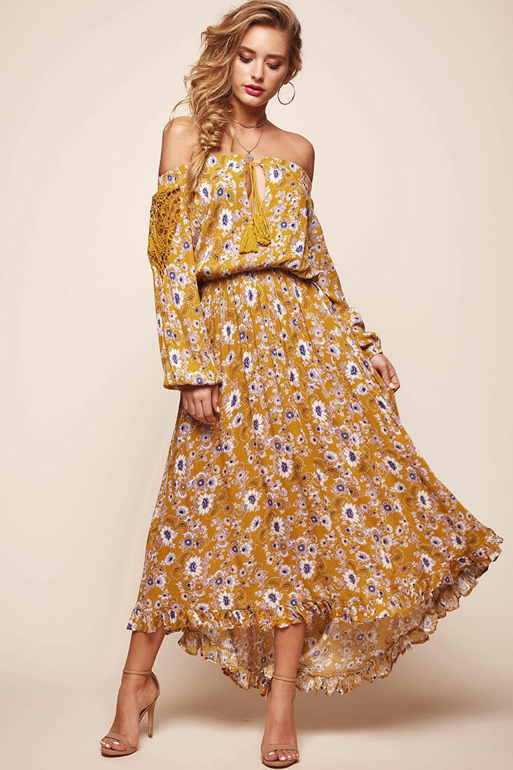 Mojave Off-Shoulder Floral Maxi Dress Mustard by Selfie Leslie