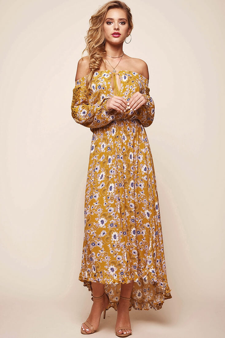 Mojave Off-Shoulder Floral Maxi Dress Mustard by Selfie Leslie