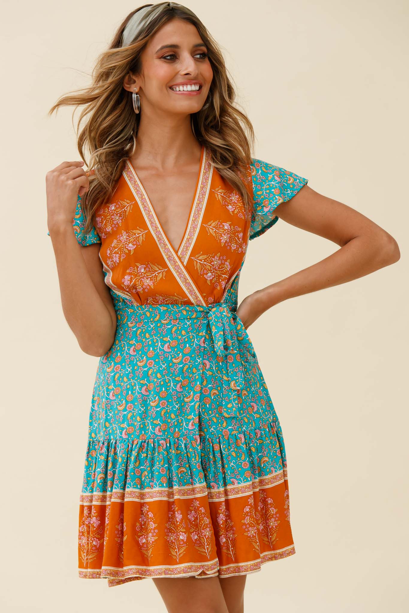 Mayan Angel Sleeve Waist Tie Wrap Dress Floral Print Jade by Selfie Leslie