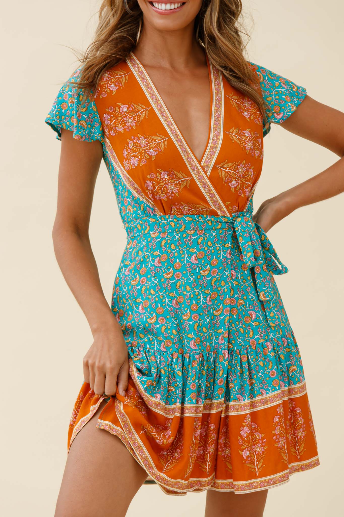 Mayan Angel Sleeve Waist Tie Wrap Dress Floral Print Jade by Selfie Leslie