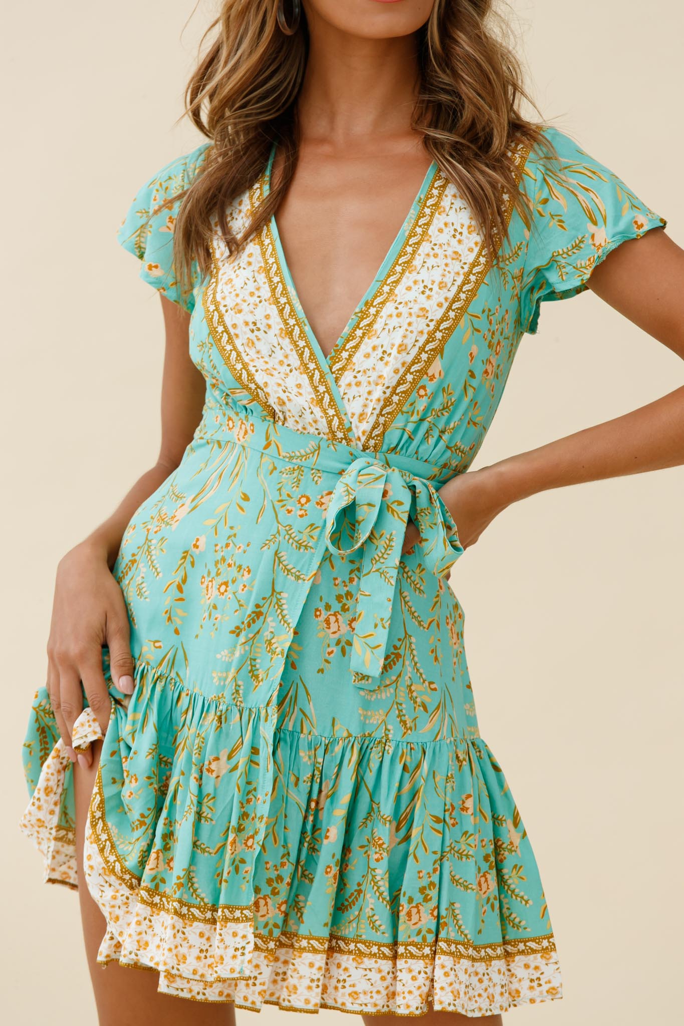 Mayan Angel Sleeve Waist Tie Wrap Dress Floral Print Mint by Selfie Leslie