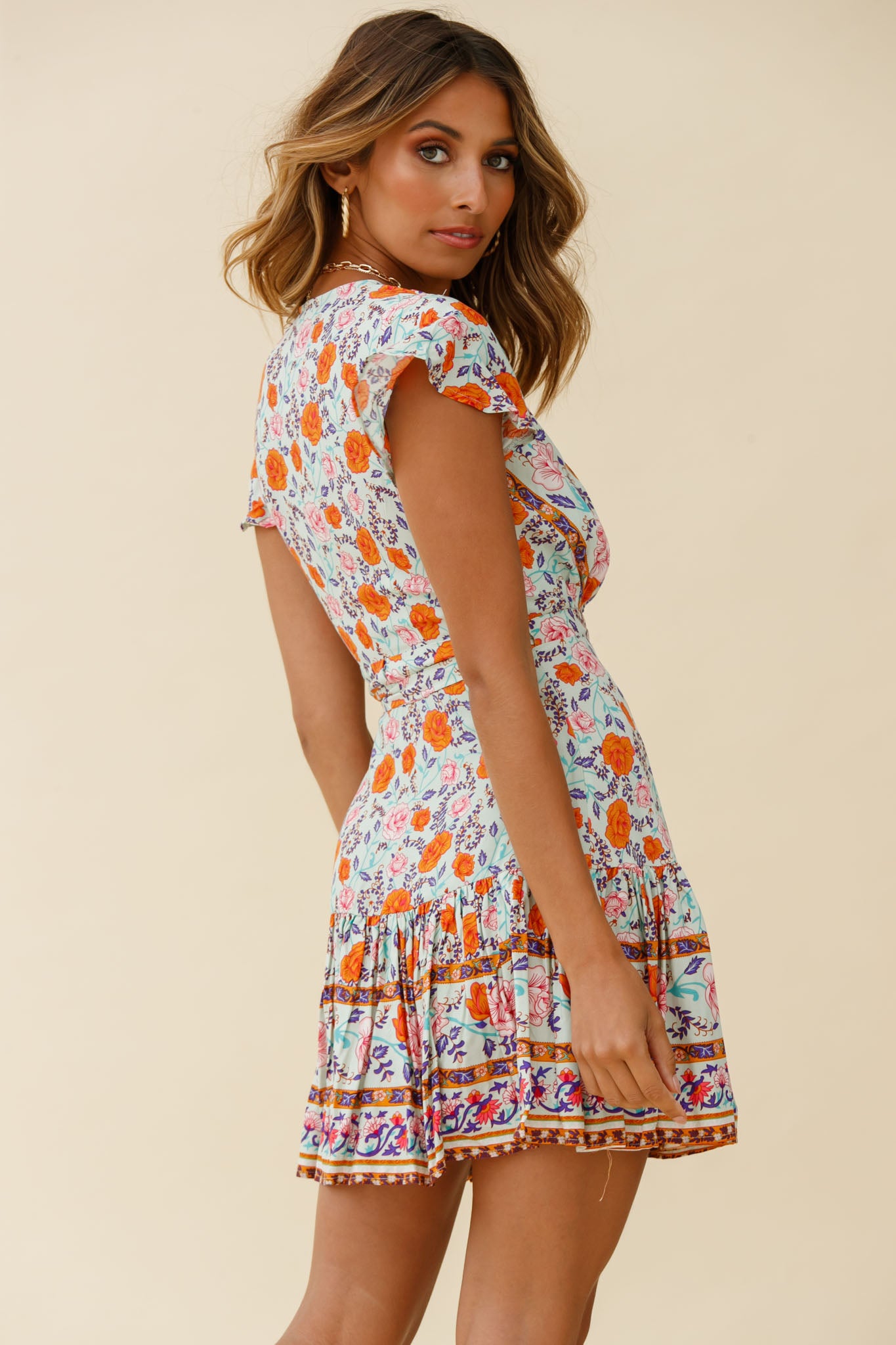 Mayan Angel Sleeve Waist Tie Wrap Dress Floral Print Mint/Pink by Selfie Leslie