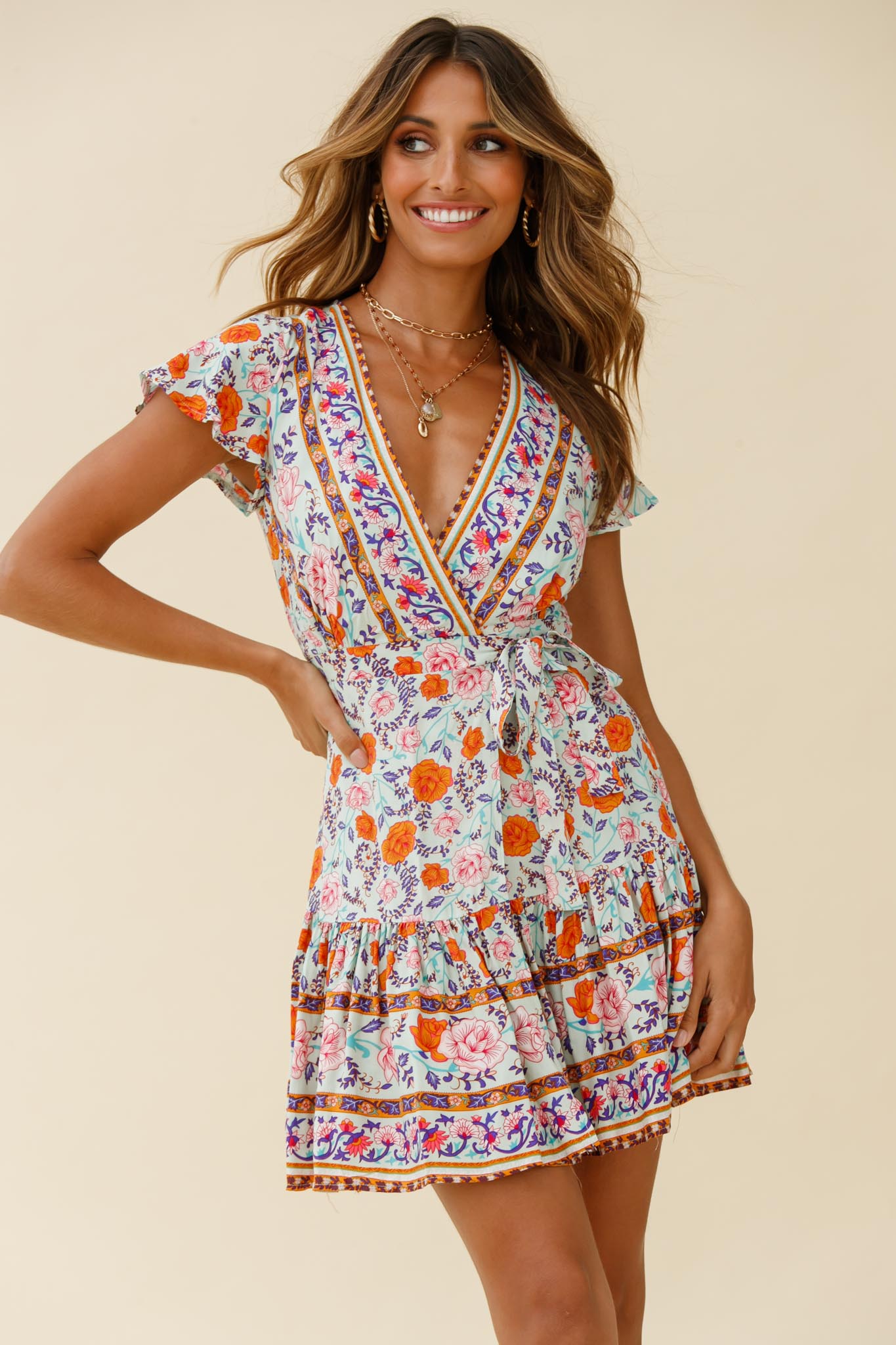 Mayan Angel Sleeve Waist Tie Wrap Dress Floral Print Mint/Pink by Selfie Leslie