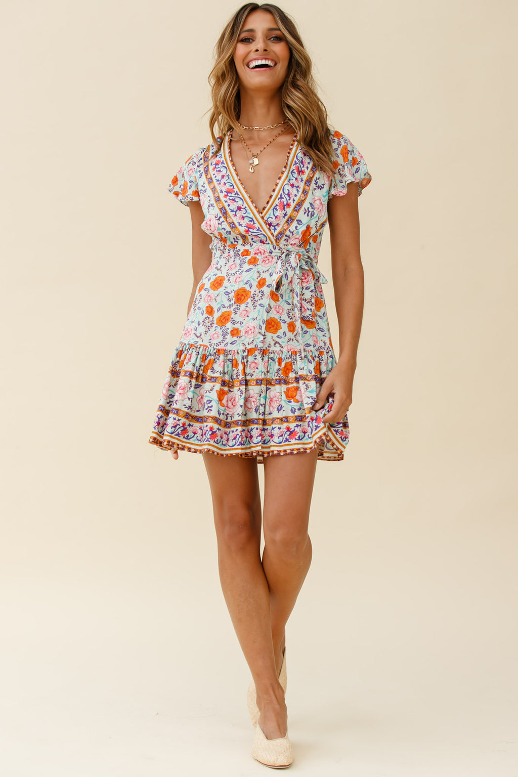 Mayan Angel Sleeve Waist Tie Wrap Dress Floral Print Mint/Pink by Selfie Leslie