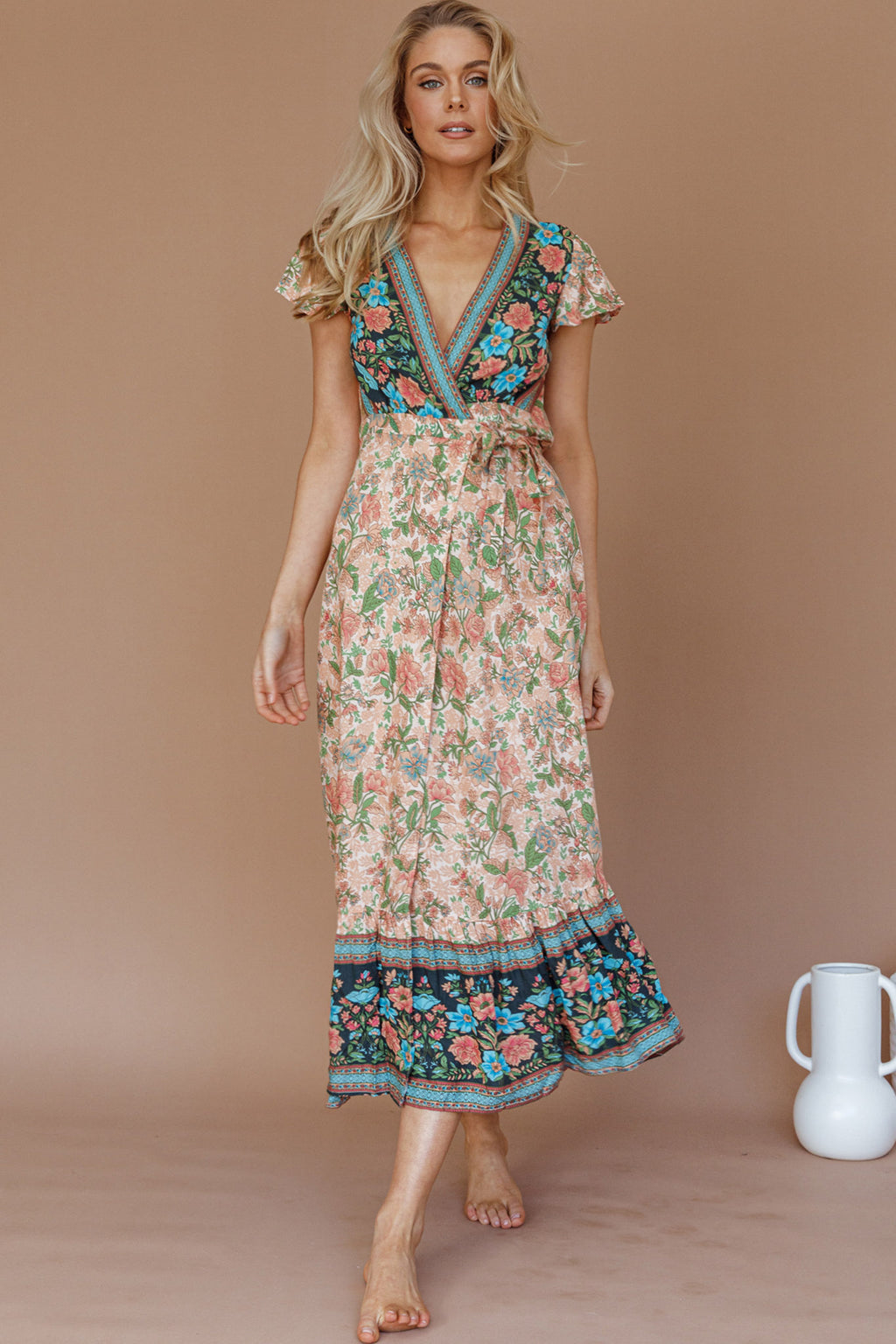 Mayan Angel Sleeve Wrap Midi Dress Floral Nude by Selfie Leslie