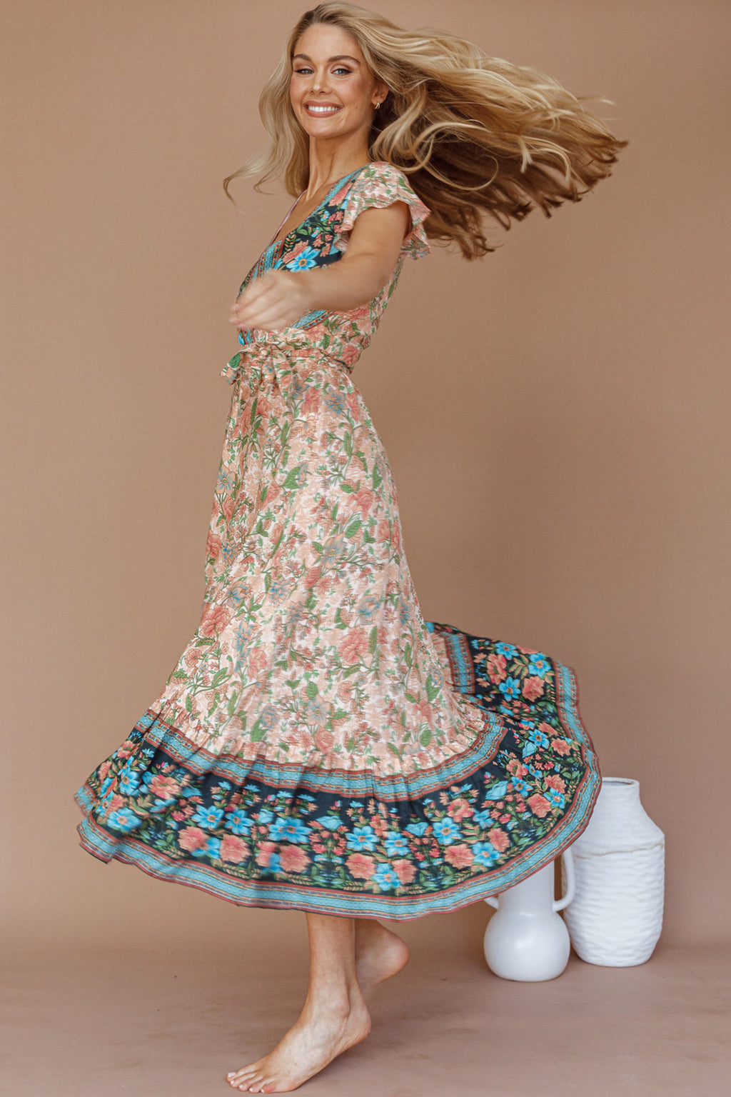 Mayan Angel Sleeve Wrap Midi Dress Floral Nude by Selfie Leslie