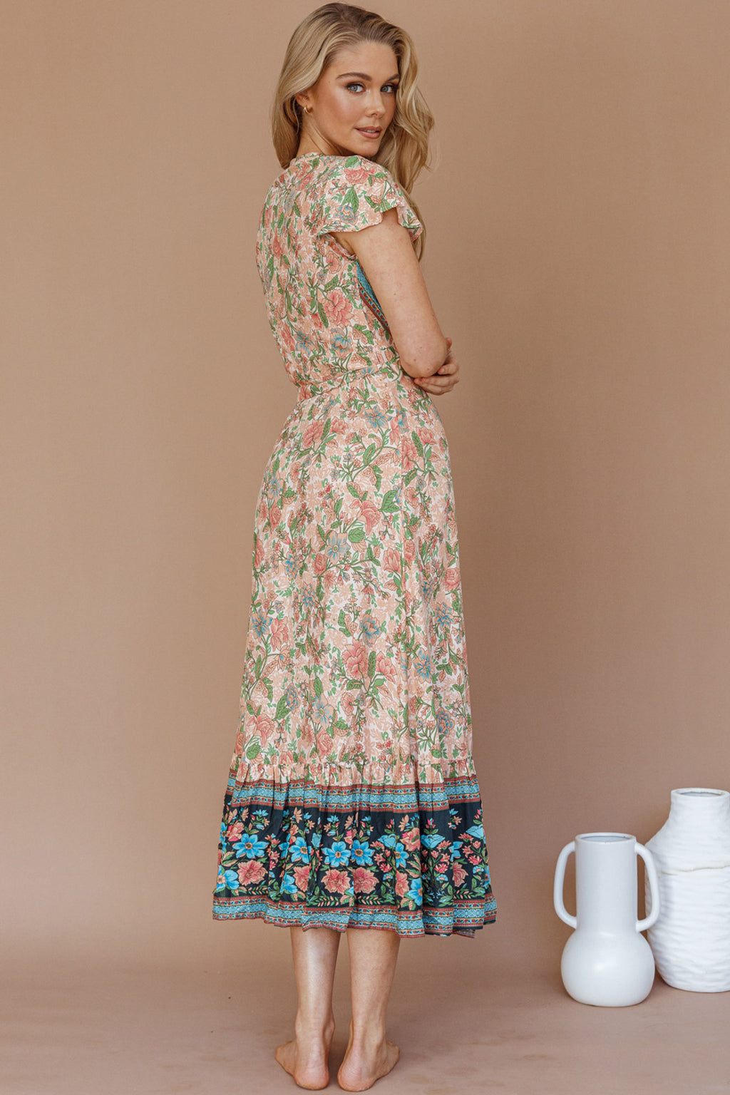 Mayan Angel Sleeve Wrap Midi Dress Floral Nude by Selfie Leslie