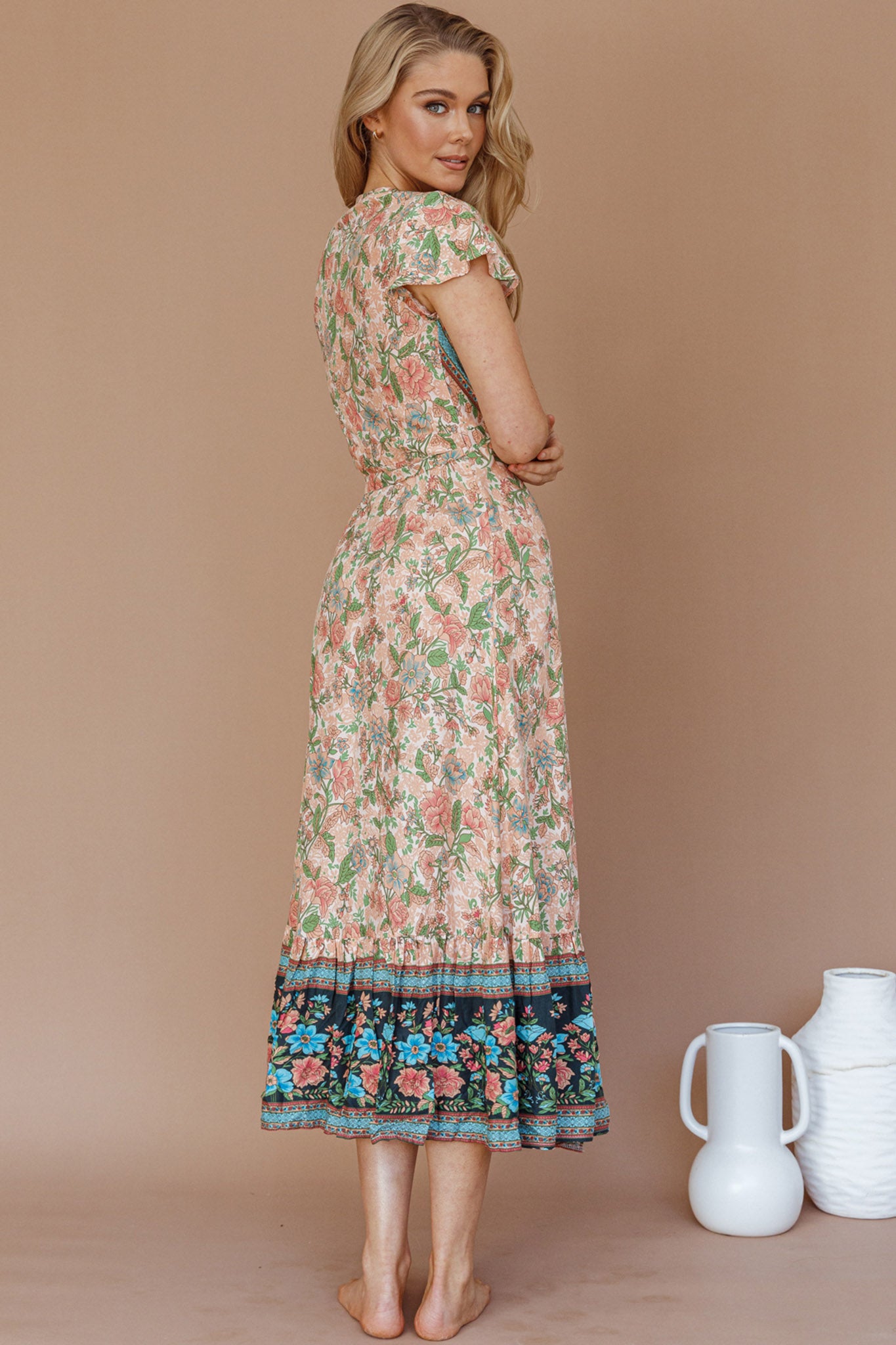 Mayan Angel Sleeve Wrap Midi Dress Floral Nude by Selfie Leslie