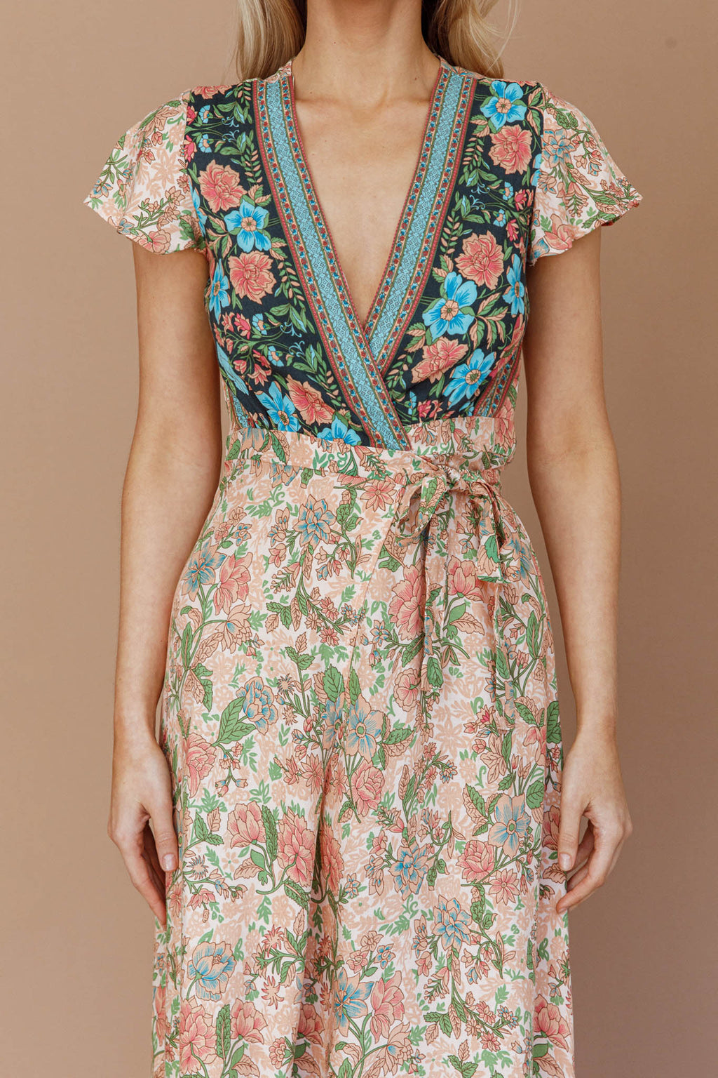 Mayan Angel Sleeve Wrap Midi Dress Floral Nude by Selfie Leslie