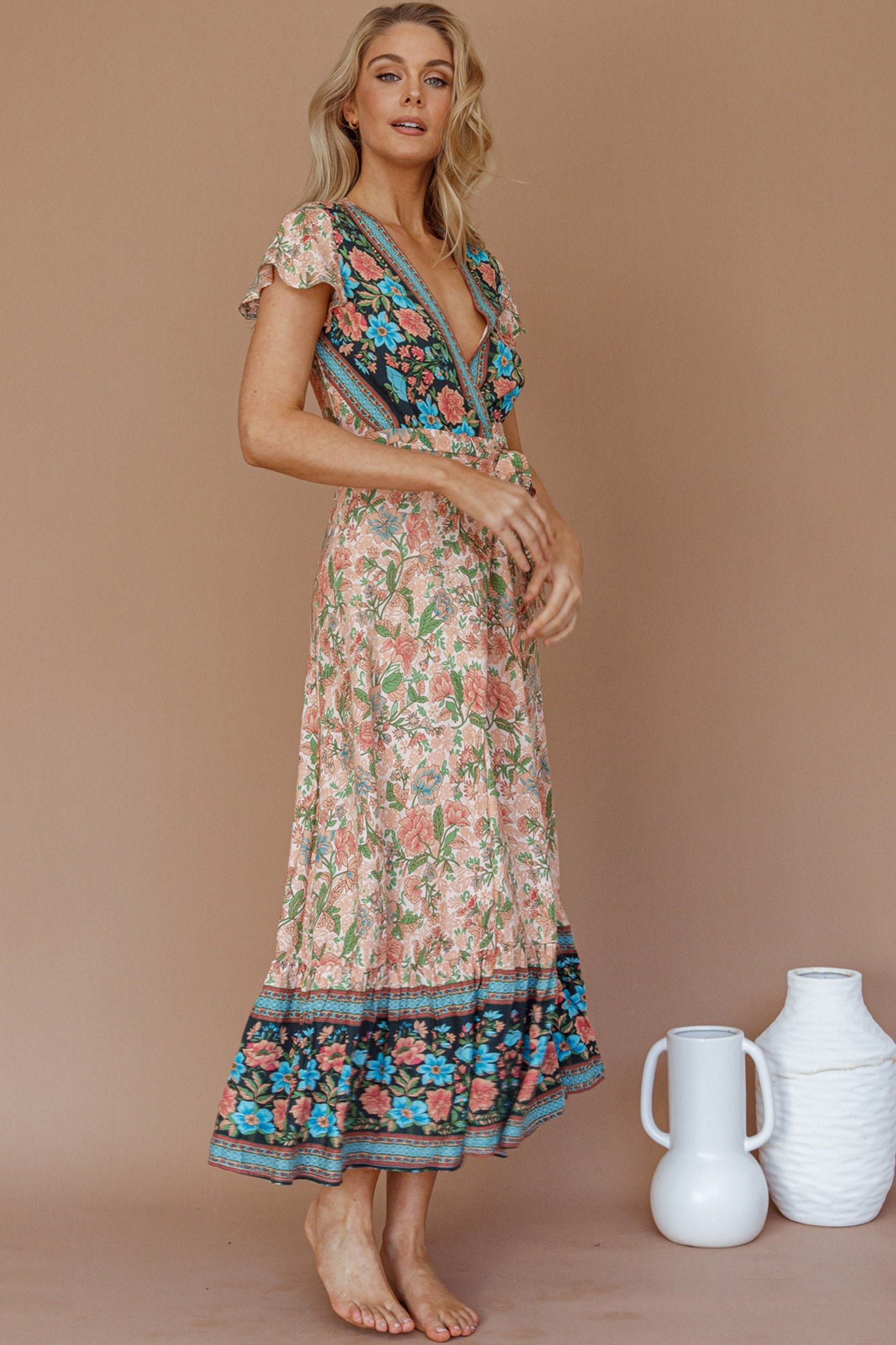 Mayan Angel Sleeve Wrap Midi Dress Floral Nude by Selfie Leslie