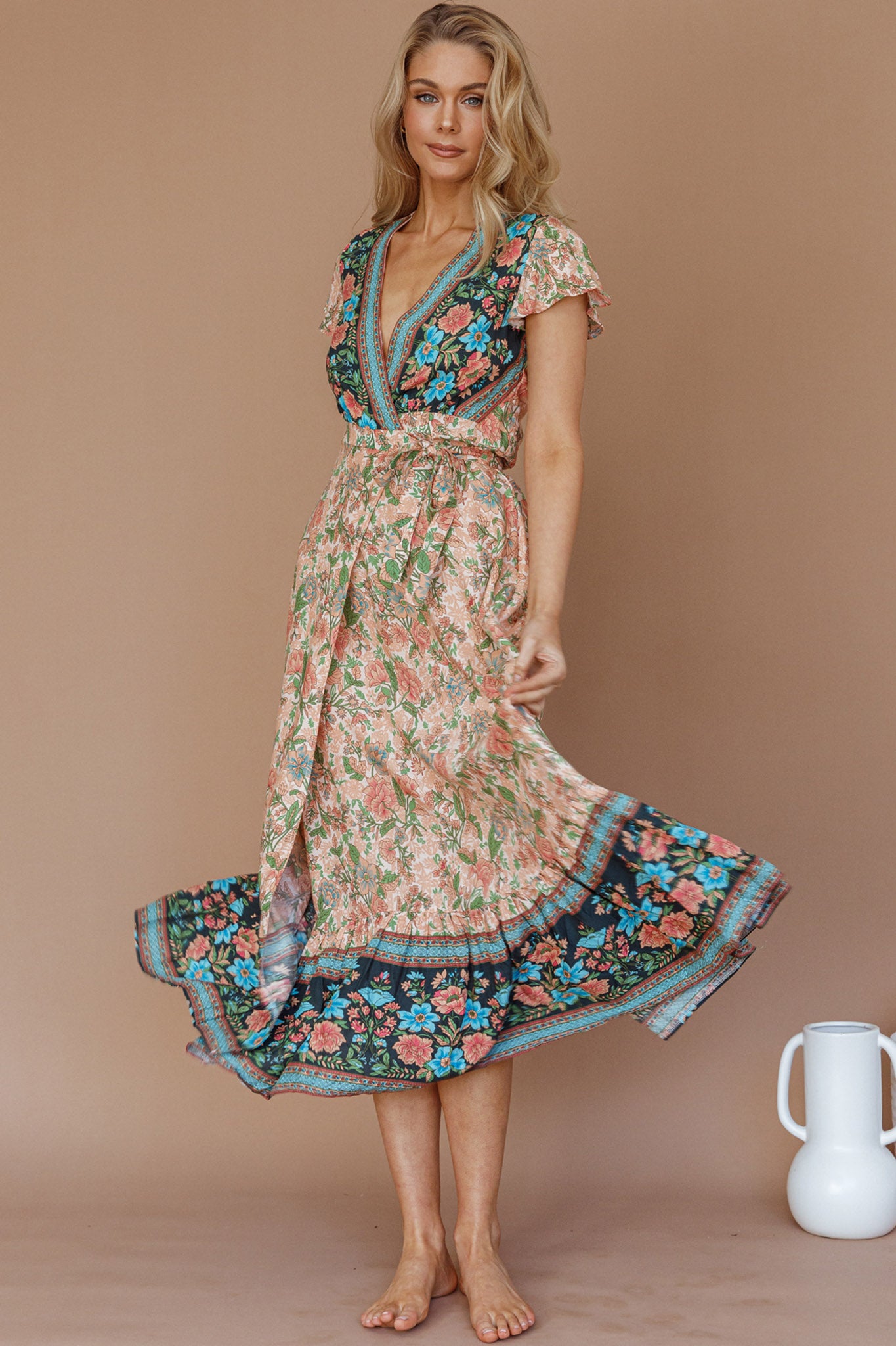 Mayan Angel Sleeve Wrap Midi Dress Floral Nude by Selfie Leslie