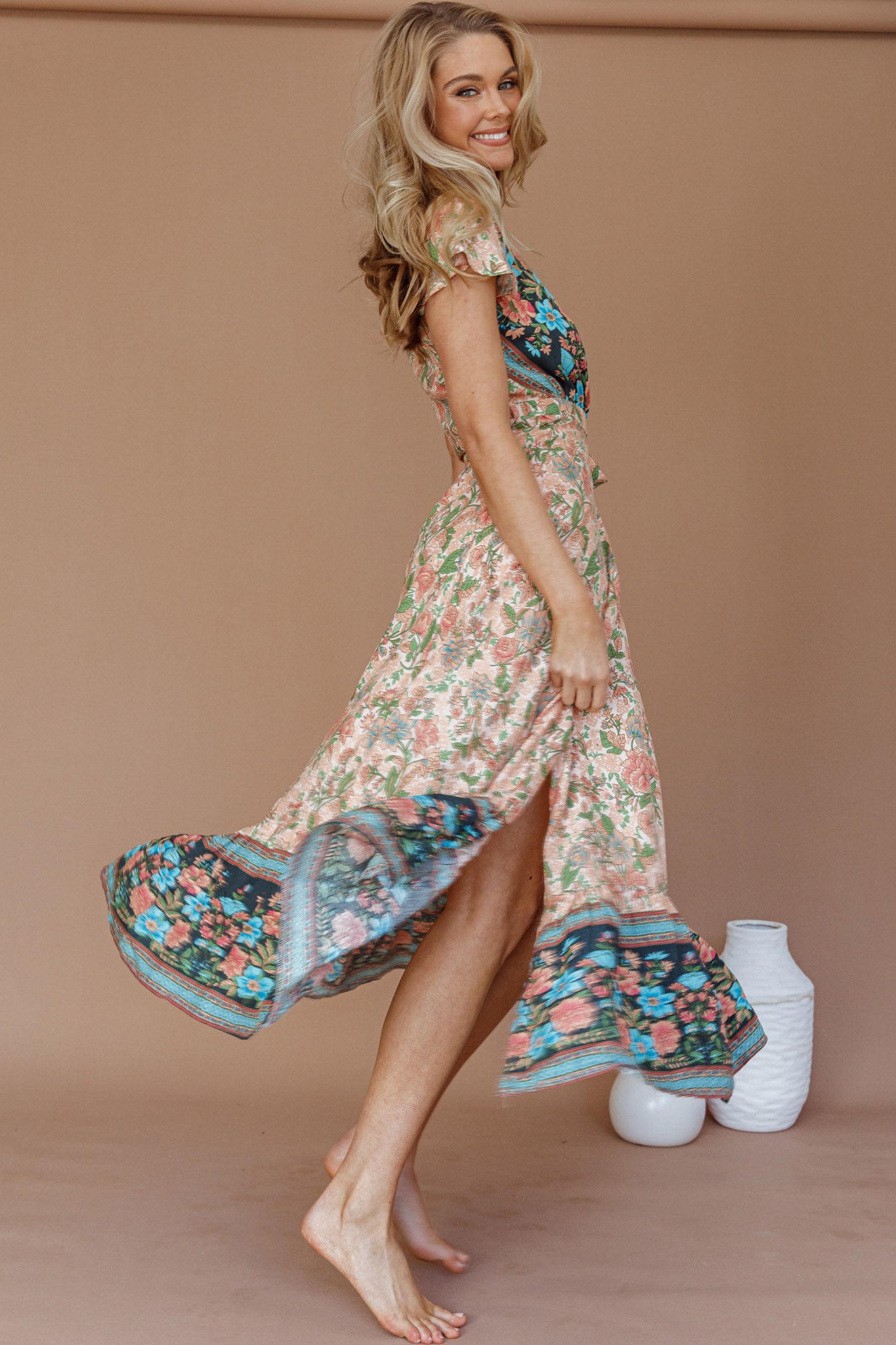 Mayan Angel Sleeve Wrap Midi Dress Floral Nude by Selfie Leslie