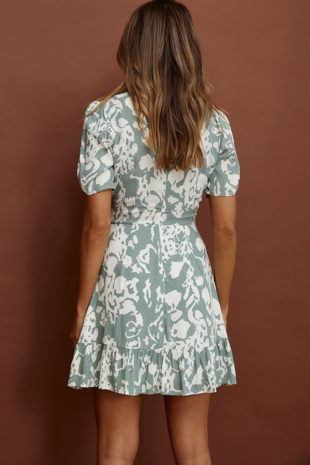 Georgina Ruched Sleeve Tea Dress Stencil Print Sage by Selfie Leslie