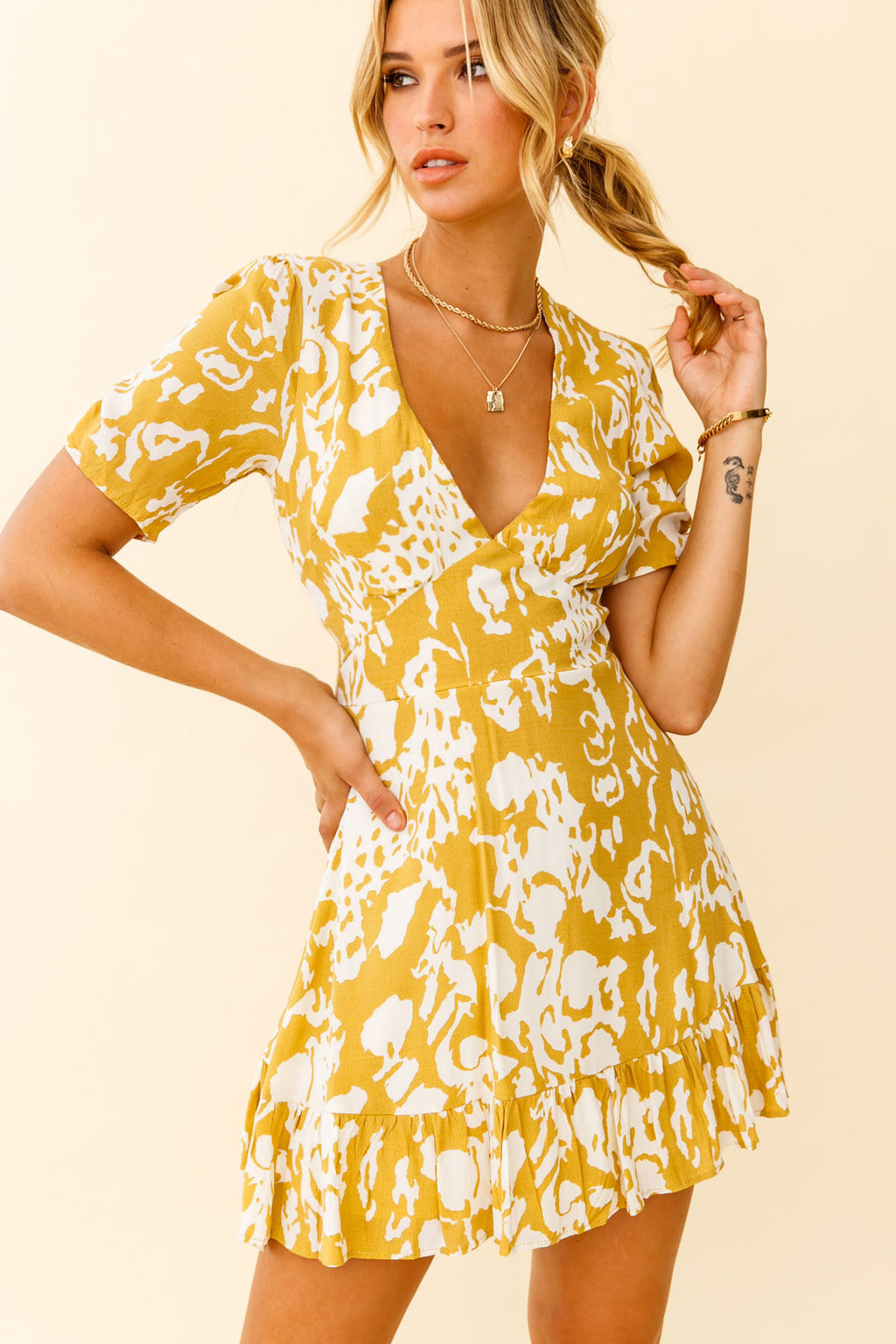Georgina Ruched Sleeve Tea Dress Stencil Print Mustard by Selfie Leslie