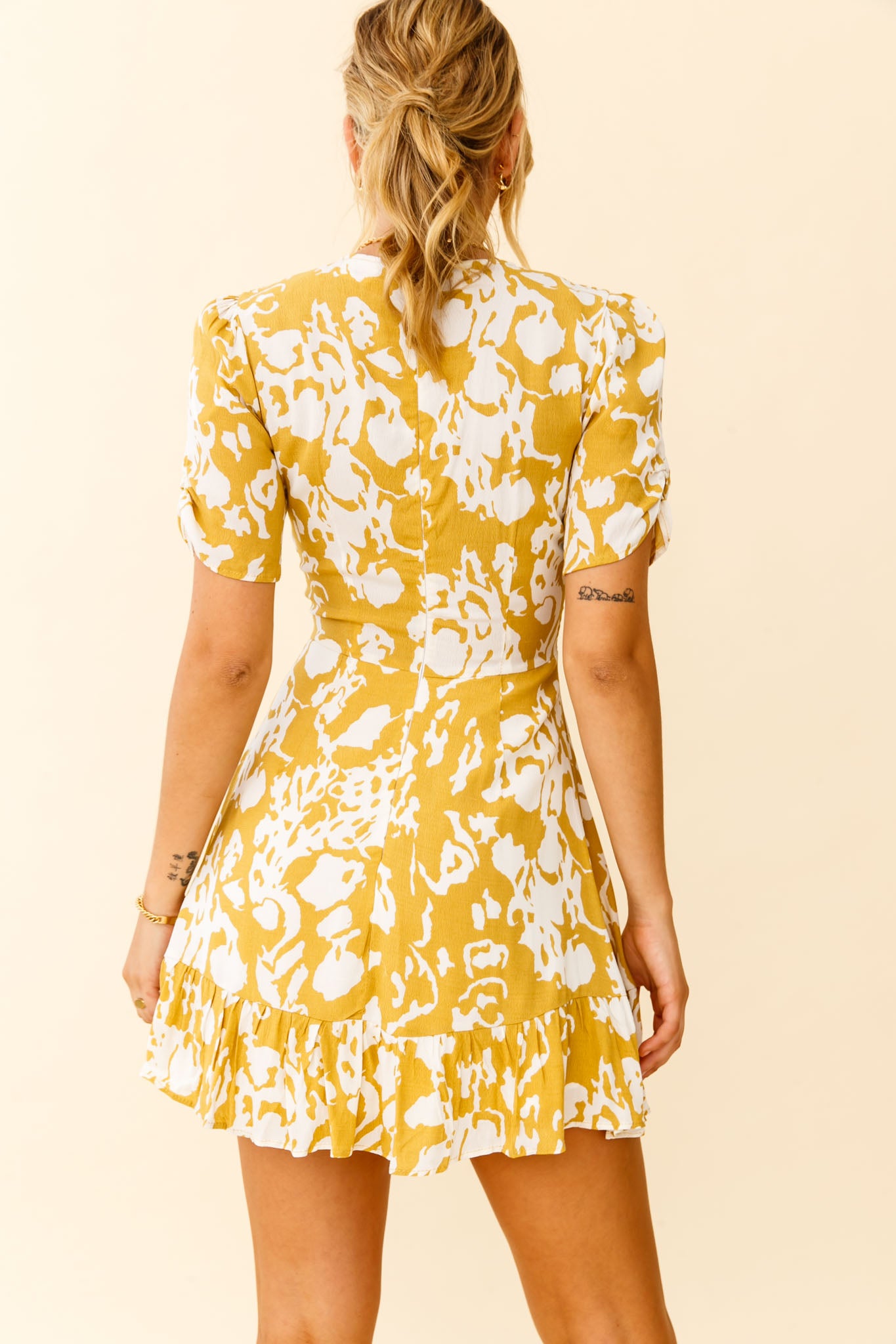 Georgina Ruched Sleeve Tea Dress Stencil Print Mustard by Selfie Leslie