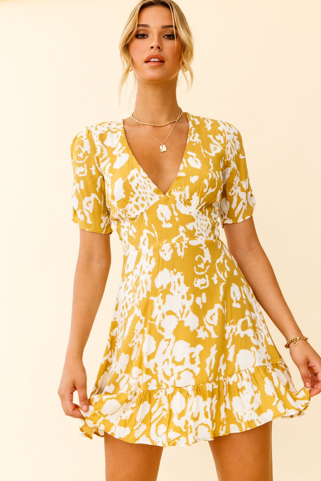 Georgina Ruched Sleeve Tea Dress Stencil Print Mustard by Selfie Leslie