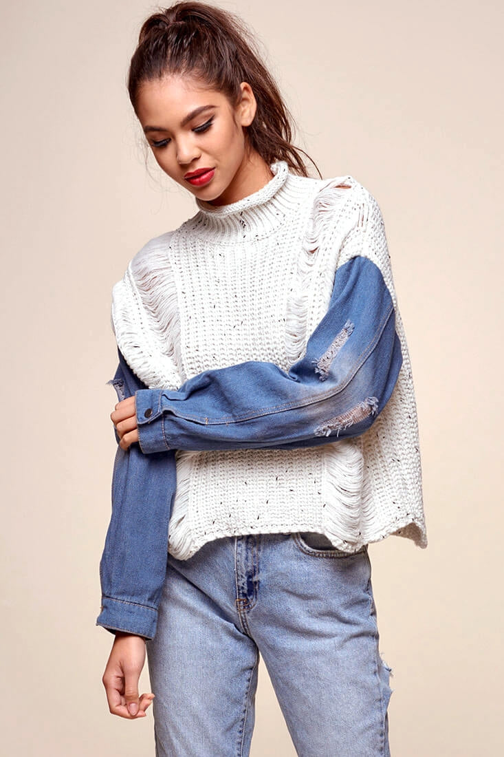 Dawn Denim Sleeved Knit Sweater Marble Blue by Selfie Leslie