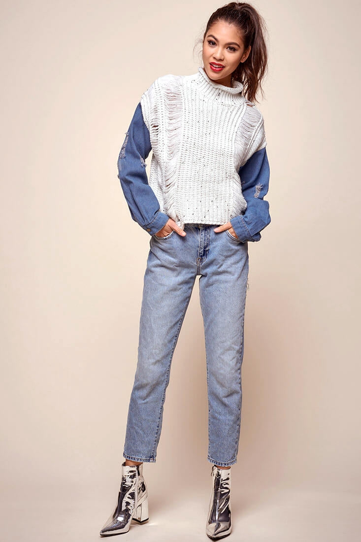 Dawn Denim Sleeved Knit Sweater Marble Blue by Selfie Leslie