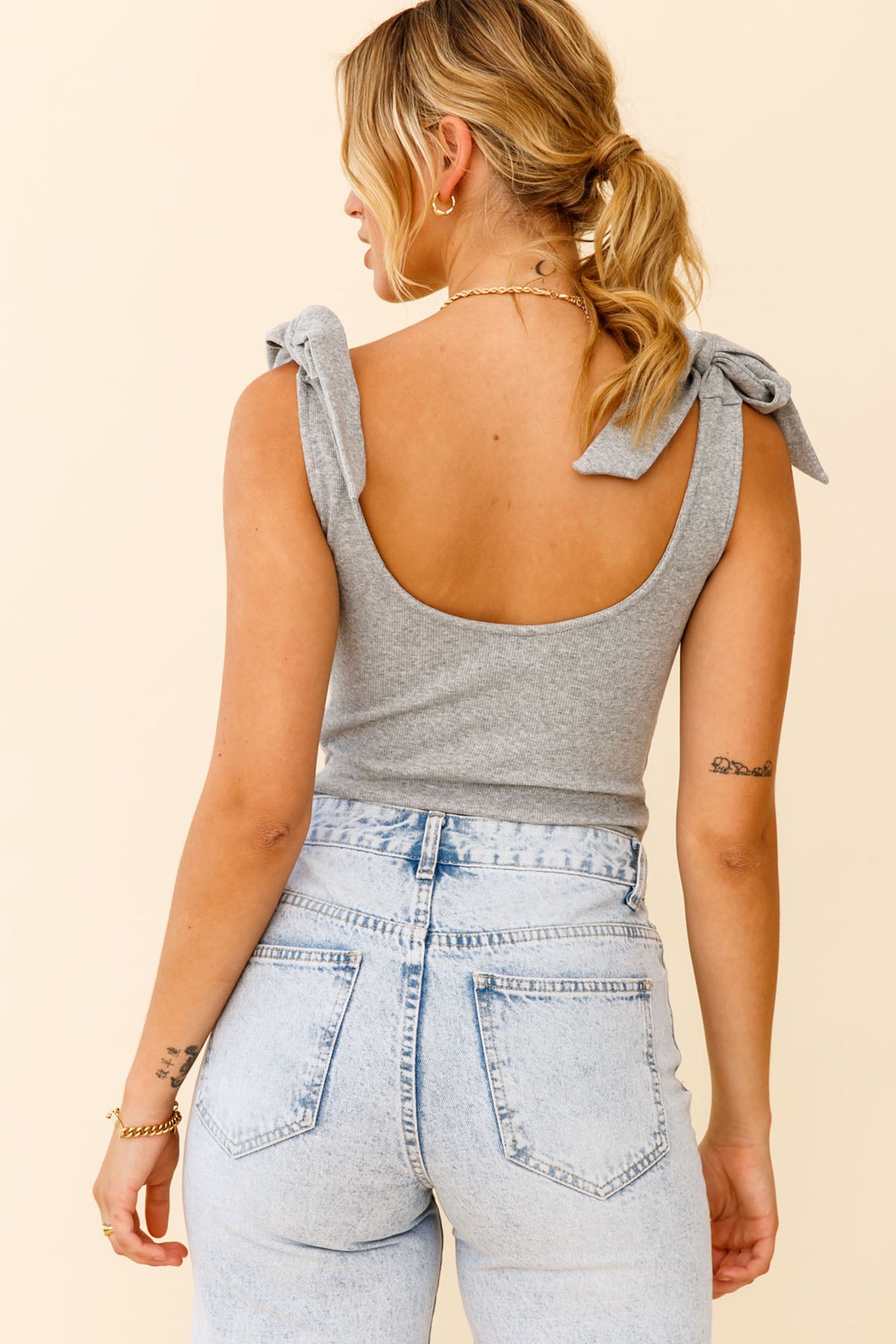 Can't Stop Me Bow Shoulder Bodysuit Grey Marle by Selfie Leslie