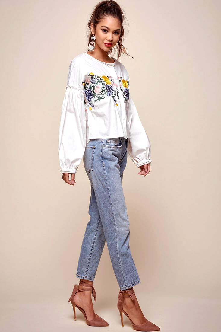 Olivia Floral Embroidered Cinched Wrist Shirt White by Selfie Leslie