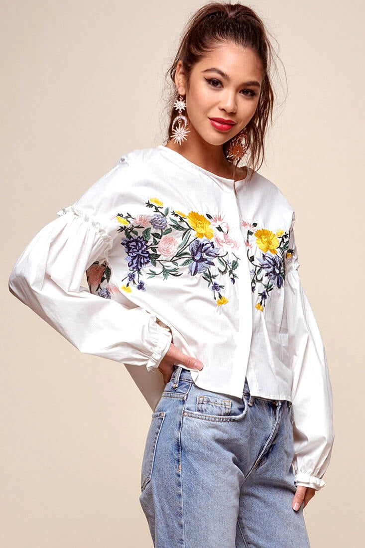 Olivia Floral Embroidered Cinched Wrist Shirt White by Selfie Leslie