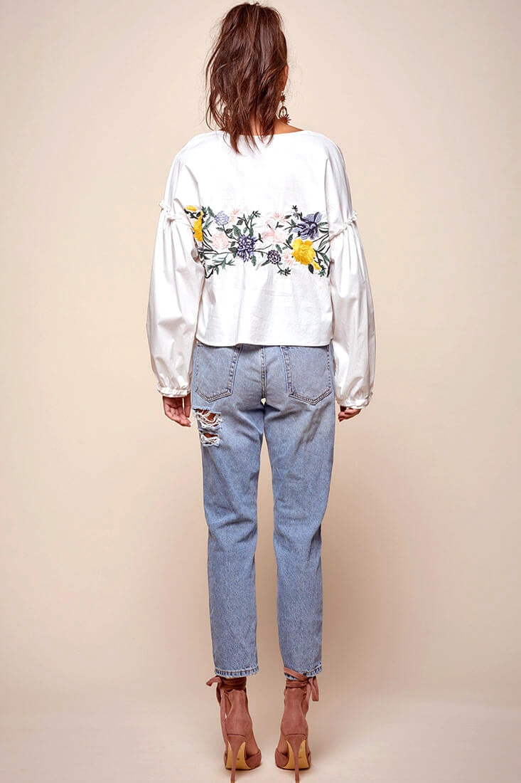 Olivia Floral Embroidered Cinched Wrist Shirt White by Selfie Leslie