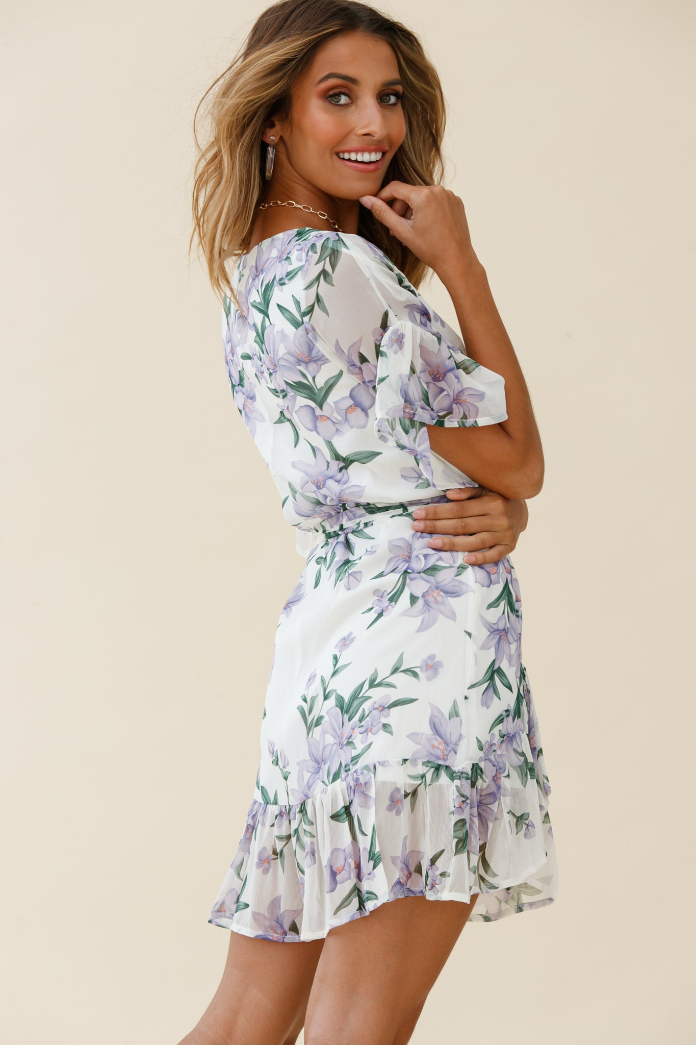 Azealia  Ruffle Hem Dress Flower Print White by Selfie Leslie