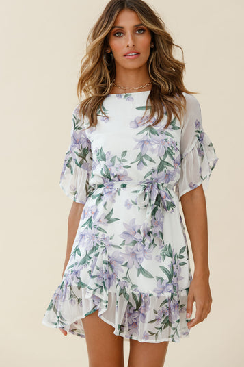 Azealia Ruffle Hem Dress Botanic Print Purple