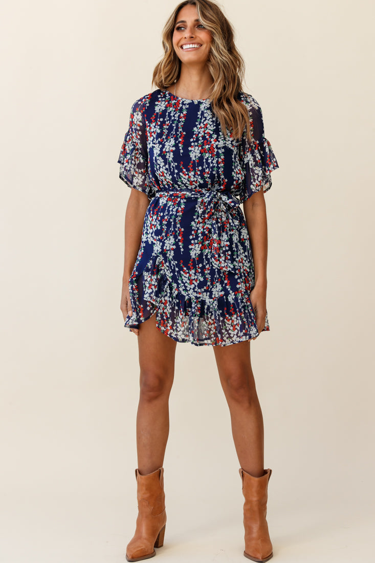 Azealia Ruffle Hem Dress Floral Print Navy by Selfie Leslie