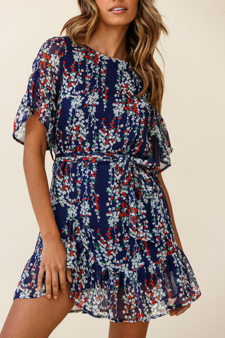 Azealia Ruffle Hem Dress Floral Print Navy by Selfie Leslie