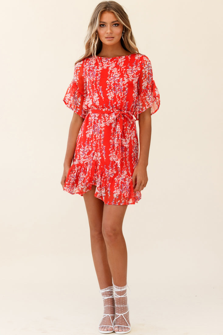 Azealia Ruffle Hem Dress Floral Spring Print Red by Selfie Leslie
