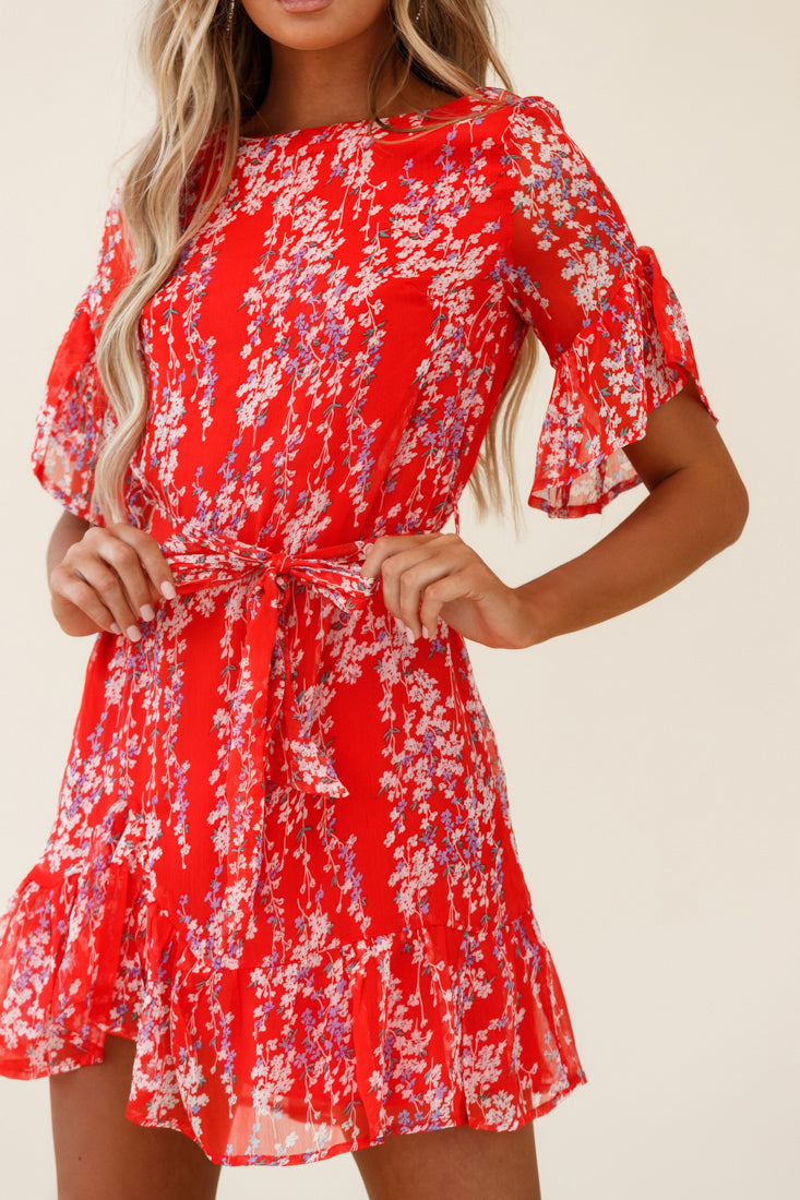Azealia Ruffle Hem Dress Floral Spring Print Red by Selfie Leslie