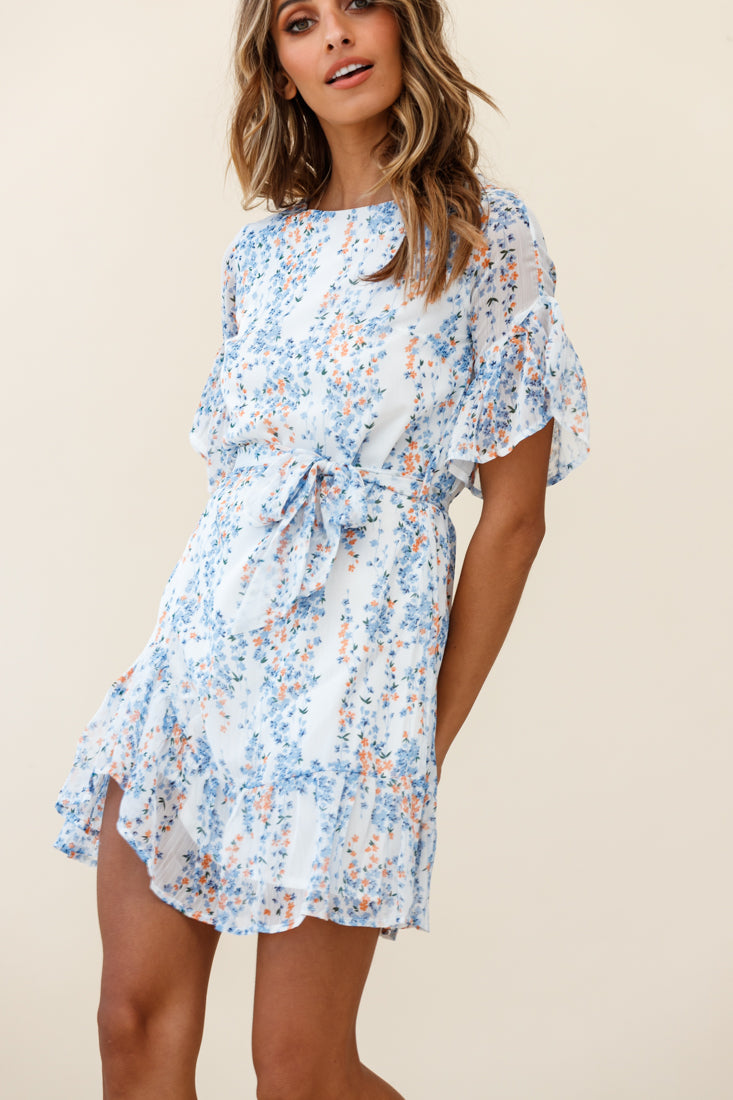 Azealia Ruffle Hem Dress Floral Spring Print White by Selfie Leslie