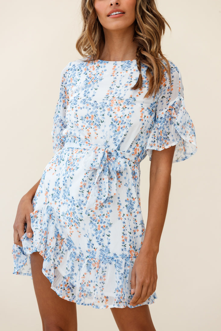 Azealia Ruffle Hem Dress Floral Spring Print White by Selfie Leslie