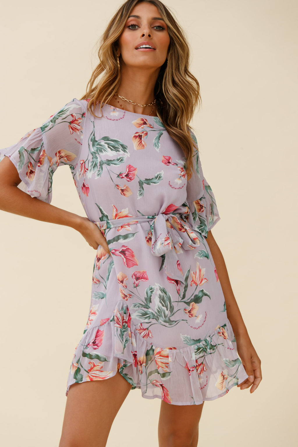 Azealia Ruffle Hem Dress Botanic Print Purple by Selfie Leslie