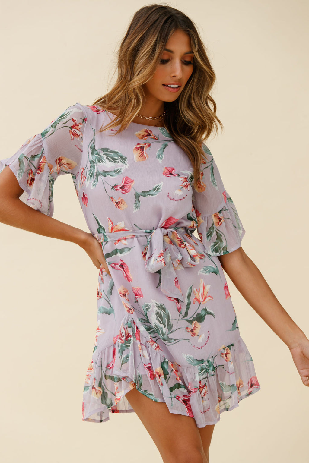 Azealia Ruffle Hem Dress Botanic Print Purple by Selfie Leslie