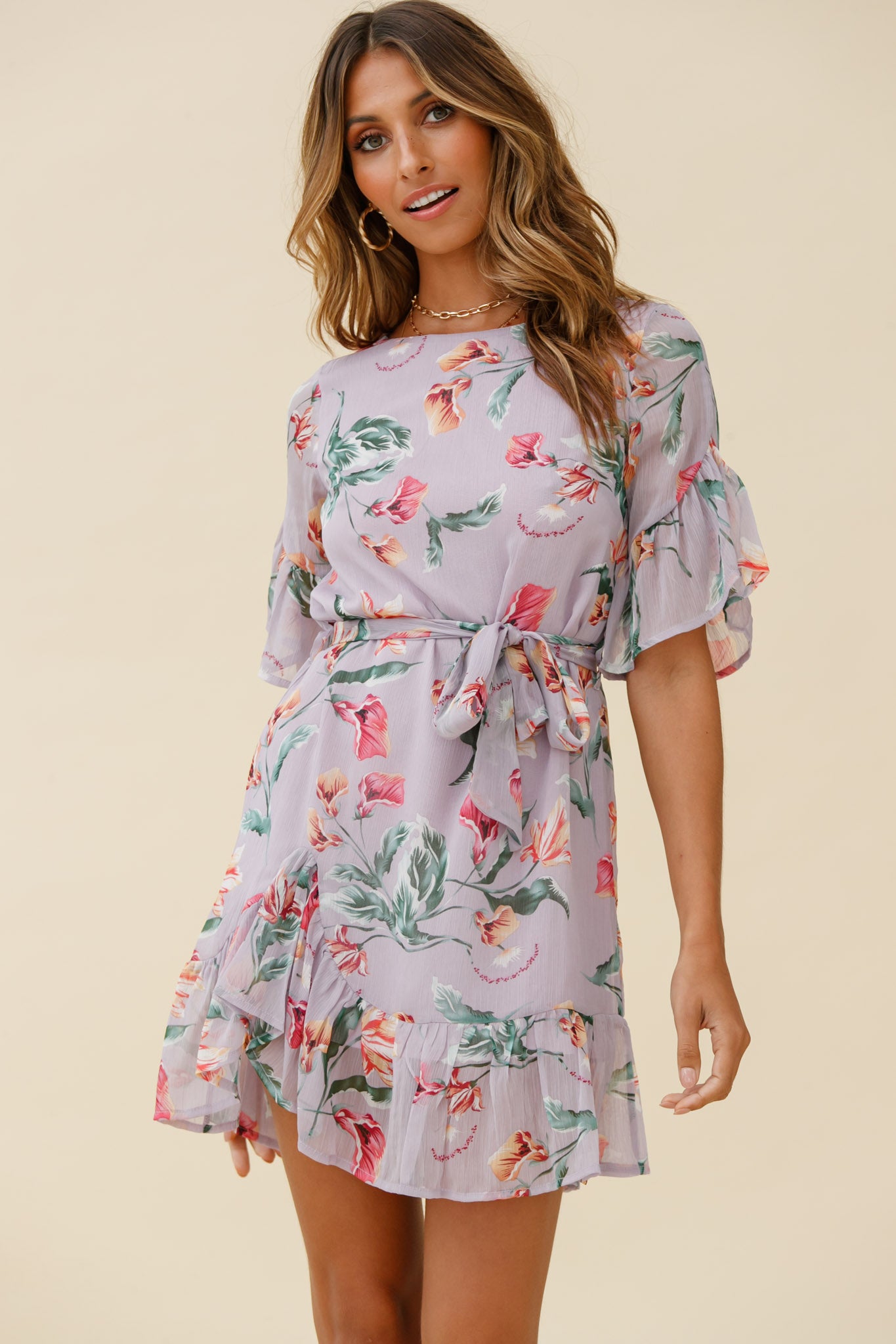 Azealia Ruffle Hem Dress Botanic Print Purple by Selfie Leslie